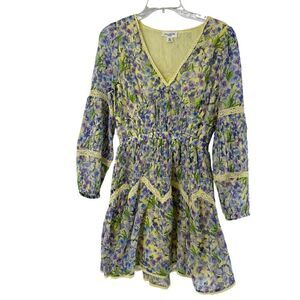 Allison Long Sleeve Mini Dress XS Eva Floral V Neck Purple Yellow Pleated Preppy